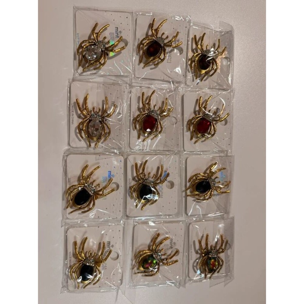 12pc Spider Brooch Lot | Rhinestone Halloween Jewelry Bundle